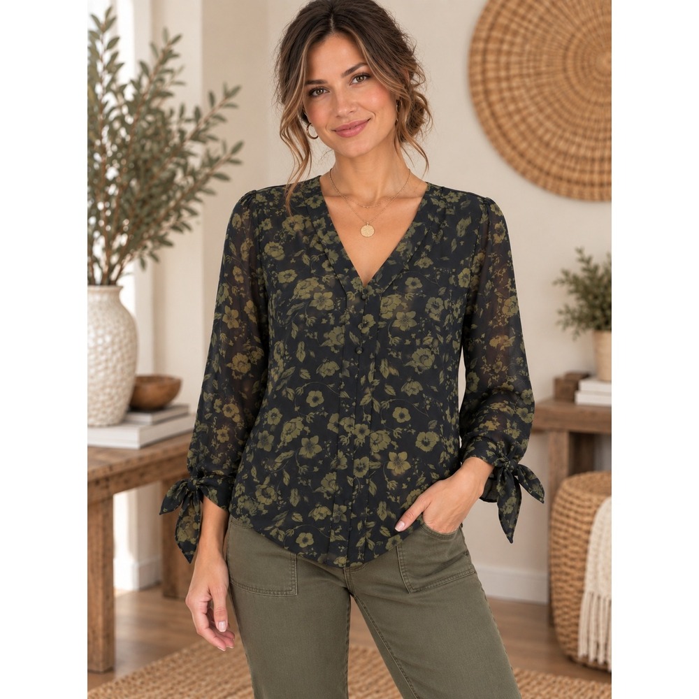 Fortune + Ivy Women Medium Black Olive Green Floral V-Neck Blouse Tie Cuff Top